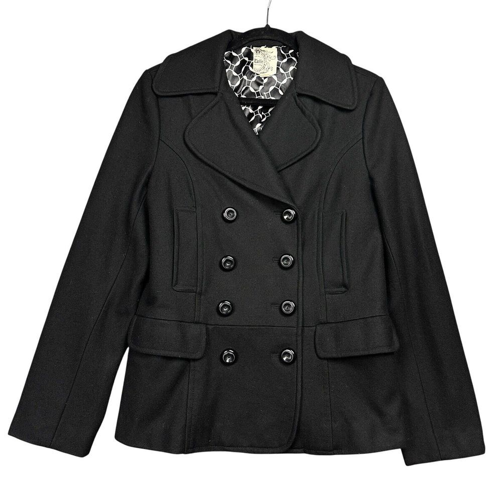 Anthropologie Tulle Pea Coat Women Large Black Wool Blend Button Pockets Lined